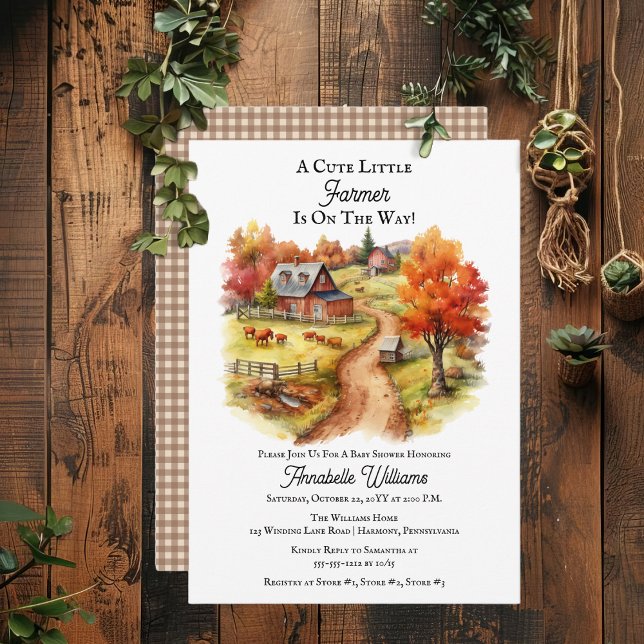 Convite Chá de fraldas de fazendeiro russo-cômoda ("A Cute Little Farmer Is On The Way!" Country Rustic Barnyard Autumn Scene Baby Shower Invitation)