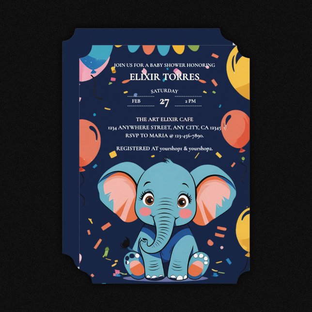 Convite Chá de fraldas de Festa de Elefante para Bebê Azul (Criador carregado)