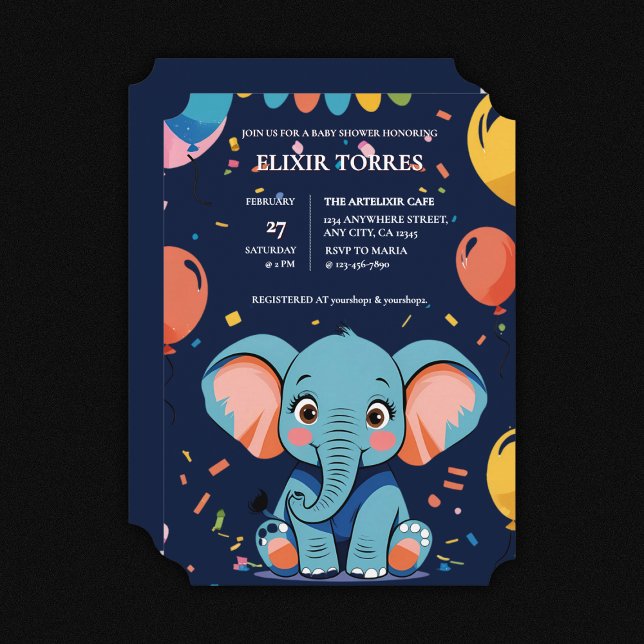 Convite Chá de fraldas de Festa de Elefante para Bebê Azul (Criador carregado)