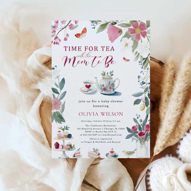 Convite Chá de fraldas de festas de chá desenhado à mão (Time for Tea with the Mom-to-Be – Whimsical Hand-Drawn Tea Party Baby Shower Invitation)