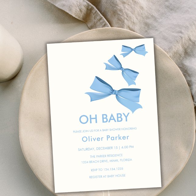 Convite Chá de fraldas de fita Arco simples azul (Blue Simple Bow Ribbon Boy Baby Shower Invitation)