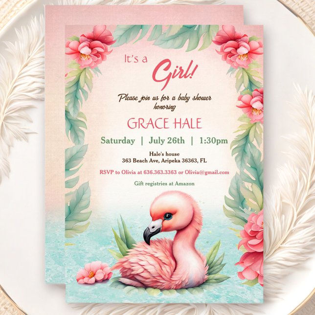 Convite Chá de fraldas de Flamingo, Rosa Tropical de Verão (Tropical Summer Pink Flamingo Girl Baby Shower Invitation)