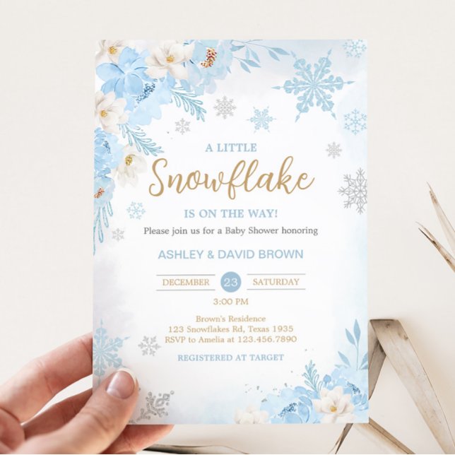 Convite Chá de fraldas de flocos de neve azul (Blue Winter Snowflake Baby Shower Invitation)