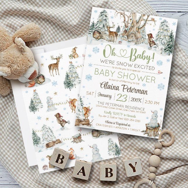 Convite Chá de fraldas de flocos de neve de animais de inv (Cute Winter Woodland Friends Forest Animals Oh Baby We're Snow Excited Snowflake baby shower invite)