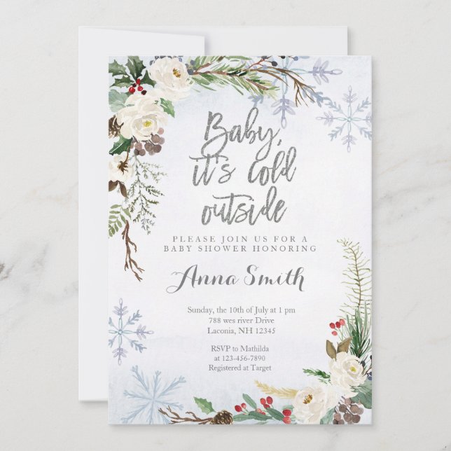 Convite Chá de fraldas de flocos de neve do inverno branco (Frente)