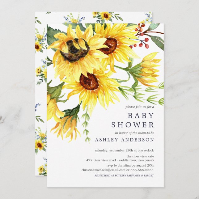Convite Chá de fraldas de Flor Amarelo e Cheio (Frente/Verso)