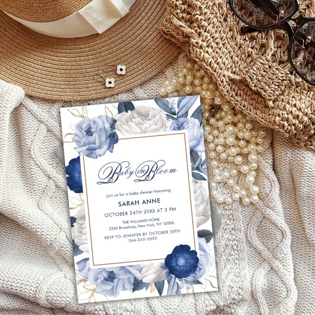 Convite Chá de fraldas de Flor Azul e Branco Elegante (Elegant Blue & White Flower Baby Shower Invitation)