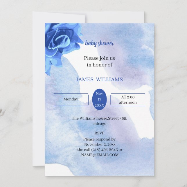 Convite Chá de fraldas de Flor Azul Elegante Personalizado (Frente)