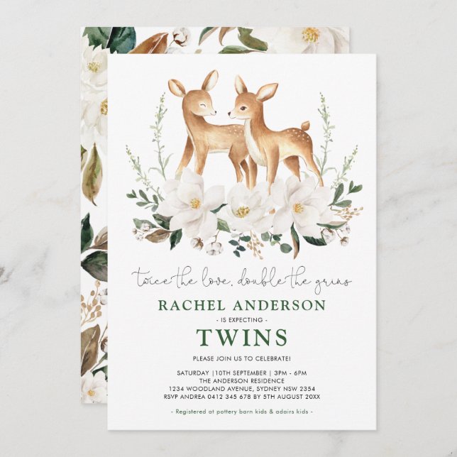 Convite Chá de fraldas de Flor Branco Elegante Twin Deer (Frente/Verso)