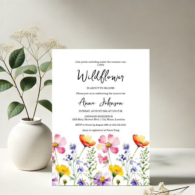 Convite Chá de fraldas de flor selvagem (Elegant blooming watercolor baby shower invitation front view)