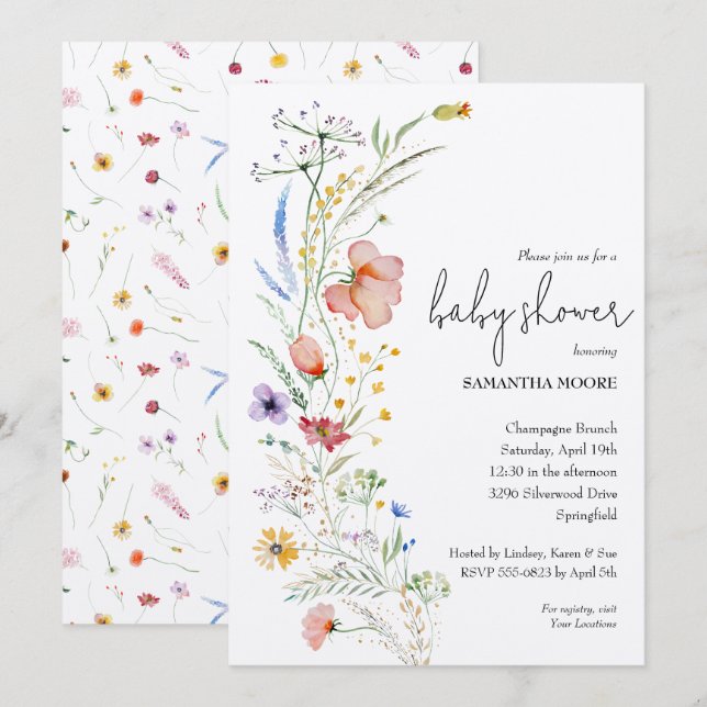 Convite Chá de fraldas de flor selvagem (Frente/Verso)