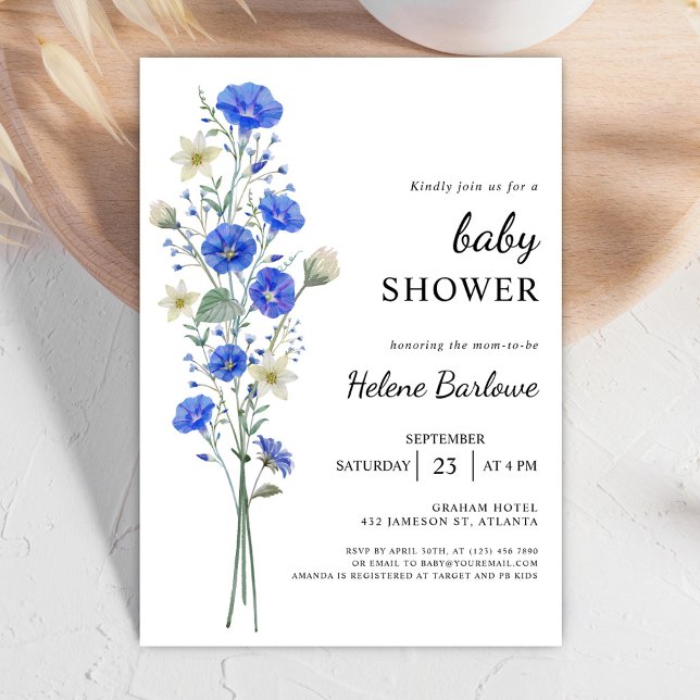 Convite Chá de fraldas De Flor Selvagem Azul E Branco (Blue And White Elegant Wildflower Baby Shower Invitation)