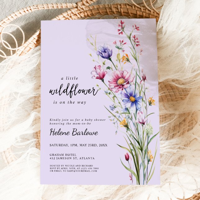 Convite Chá de fraldas de flor selvagem Boho (Purple Watercolor Boho Wildflower Baby Shower Invitation)