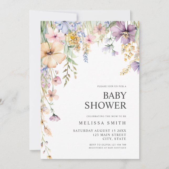 Convite Chá de fraldas de flor selvagem botânica Elegante (Frente)