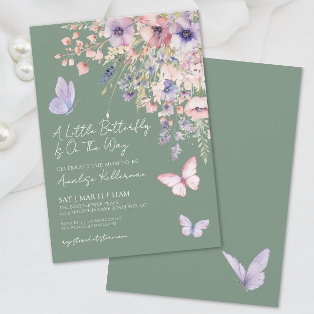 Convite Chá de fraldas de flor selvagem da borboleta verde (Sage Green Butterfly Wildflower Baby Shower Invitation)