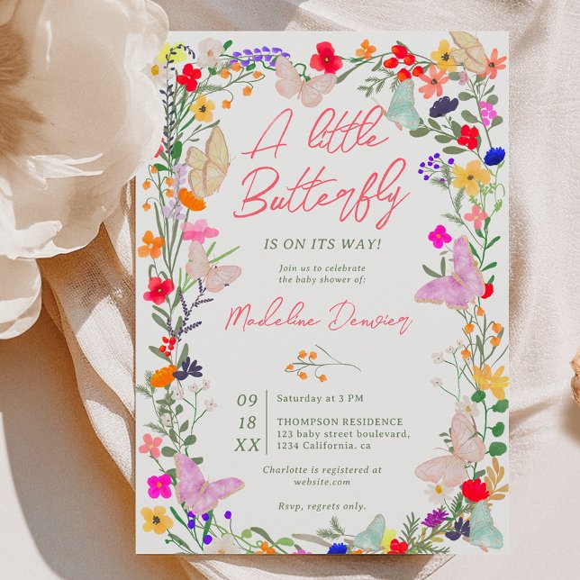 Convite Chá de fraldas de flor selvagem de borboleta Boho (Boho butterfly meadow wildflower baby shower invitation)