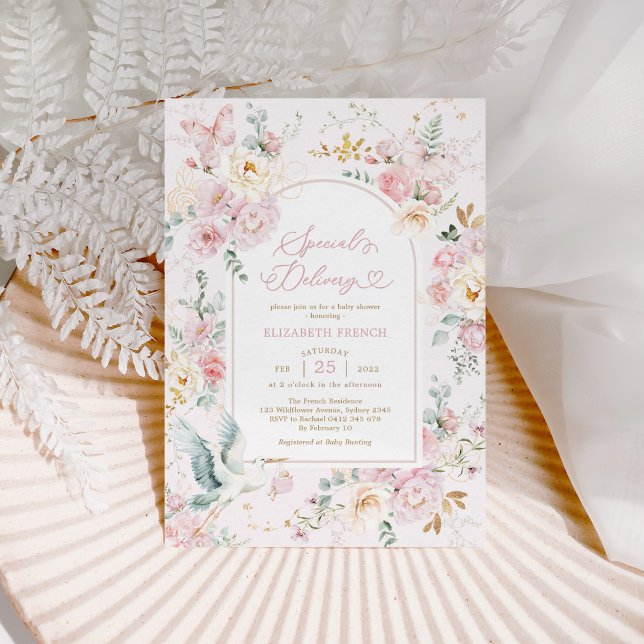 Convite Chá de fraldas de Flor Selvagem de Caça Rosa Blush (Criador carregado)