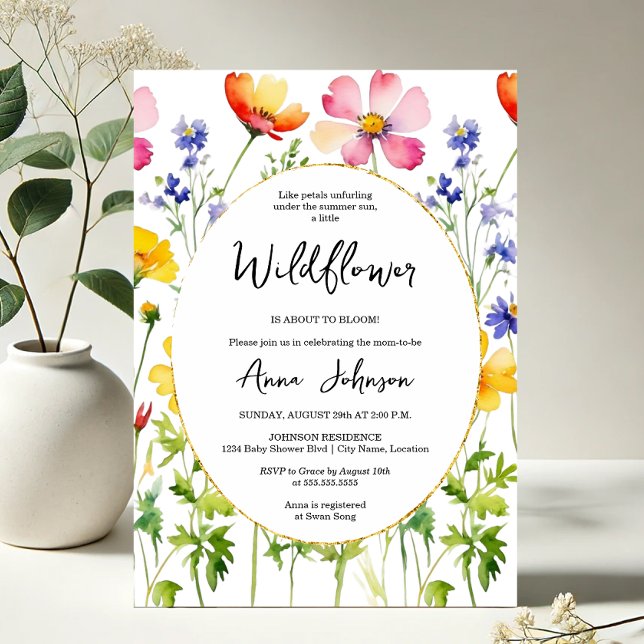Convite Chá de fraldas de flor selvagem florescente (Elegant blooming wildflower baby shower invitation front view)