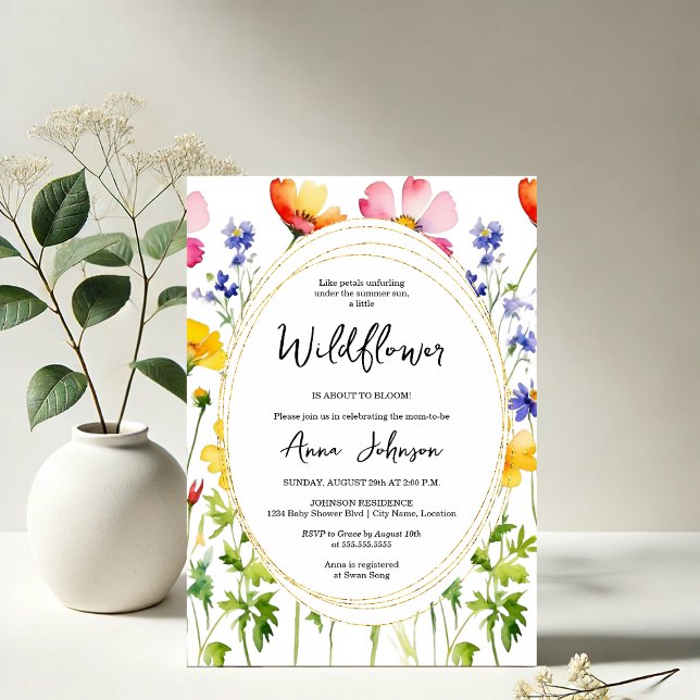 Convite Chá de fraldas de flor selvagem florescente (Elegant blooming wildflower baby shower invitation front view)