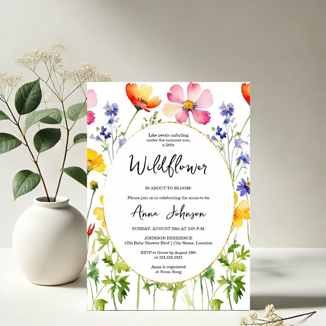 Convite Chá de fraldas de flor selvagem florescente (Elegant blooming wildflower baby shower invitation front view)