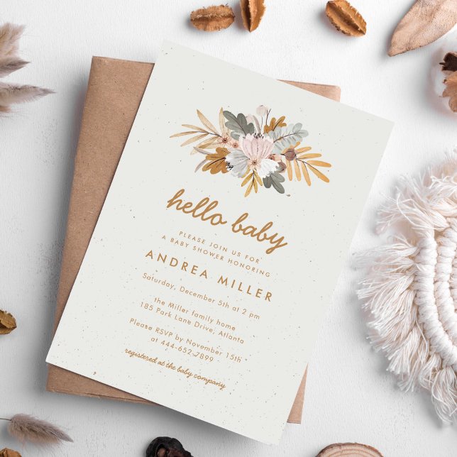 Convite Chá de fraldas de flor selvagem neutro de boho (Boho wildflower baby shower invitation perfect for fall baby showers.)