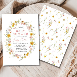 Convite Chá de fraldas de flor selvagem, rosa, de borbolet