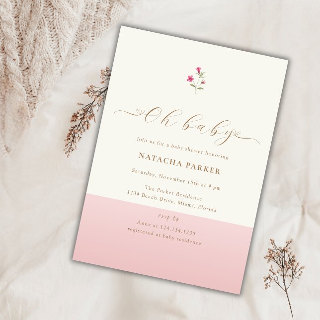 Convite Chá de fraldas de flor selvagem rosa-mínimo modern (Modern Minimalist Pink Wildflower Baby Shower Invitation)