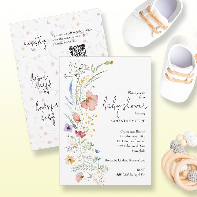 Convite Chá de fraldas De Flor Selvagem Tudo Em Um (Wildflowers baby shower all in one invitations - PRINTED and/or INSTANT DOWNLOAD)