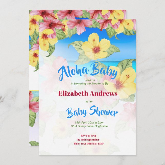 Convite Chá de fraldas de Flor Tropical Beach Aloha (Frente/Verso)
