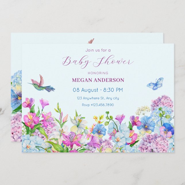 Convite Chá de fraldas de floração de Aquarela Azul Púrpur (Frente/Verso)
