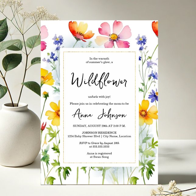 Convite Chá de fraldas de floração selvagem (Vibrant and elegant blooming wildflower baby shower invitation front view)
