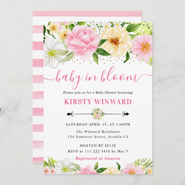 Convite Chá de fraldas de Flores Amarelas e Rosa-Célula (Frente/Verso)