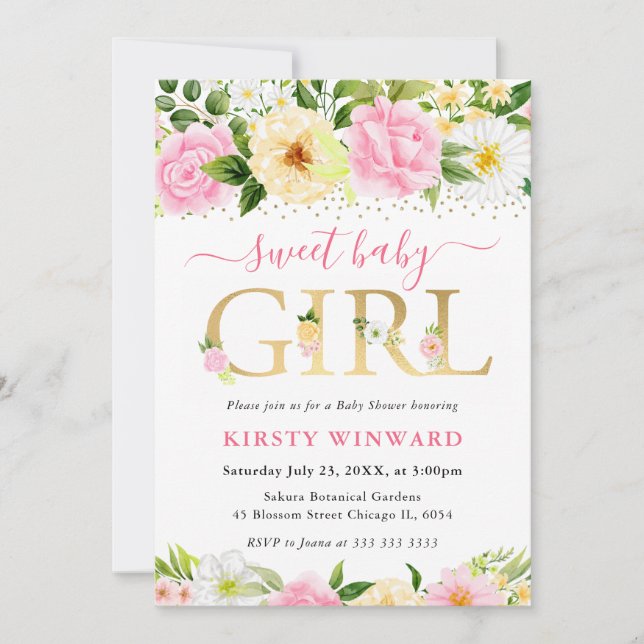 Convite Chá de fraldas de Flores Amarelas e Rosa-Célula (Frente)