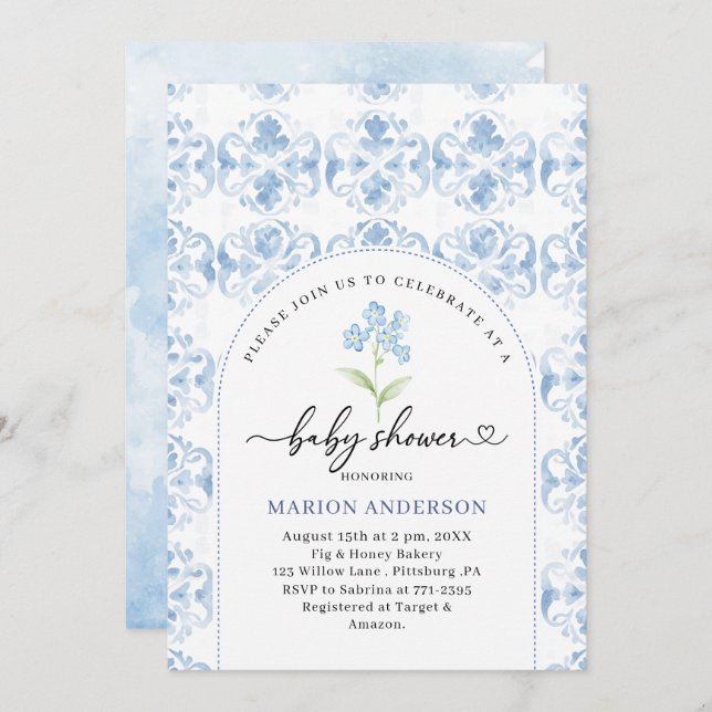 Convite Chá de fraldas de flores azuis (Frente/Verso)
