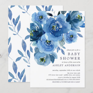 Convite Chá de fraldas de Flores Azuis de Aquarela