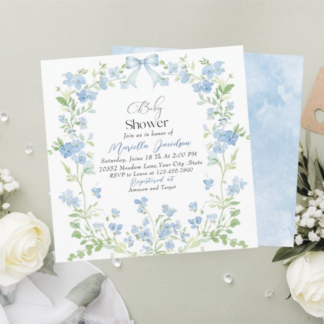 Convite Chá de fraldas de Flores Azuis Elegante de Aquarel (Criador carregado)