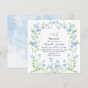Convite Chá de fraldas de Flores Azuis Elegante de Aquarel