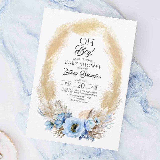 Convite Chá de fraldas De Flores Azuis Pampas Grass Dusty  (Elegant Boho Blue Baby Shower Invitations)