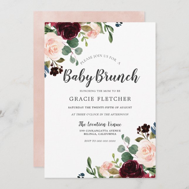 Convite Chá de fraldas de Flores Blush e Burgundy Brunch (Frente/Verso)