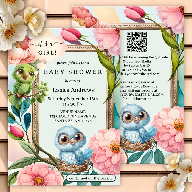 Convite Chá de fraldas de flores de aquarelas de aves de p (Cute girly baby shower invitation featuring a pastel watercolor illustration of flowers and birds)