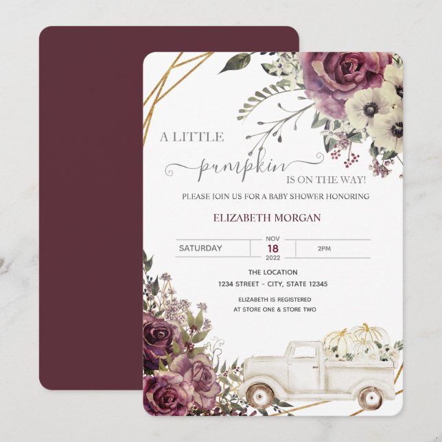 Convite Chá de fraldas de Flores de Caminhão de Bombagem d (Frente/Verso)