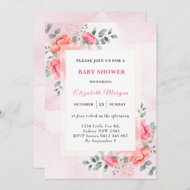 Convite Chá de fraldas de flores de eucalipto com aquarela (Frente/Verso)