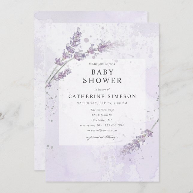 Convite Chá de fraldas de flores de lavanda aquosa (Frente/Verso)