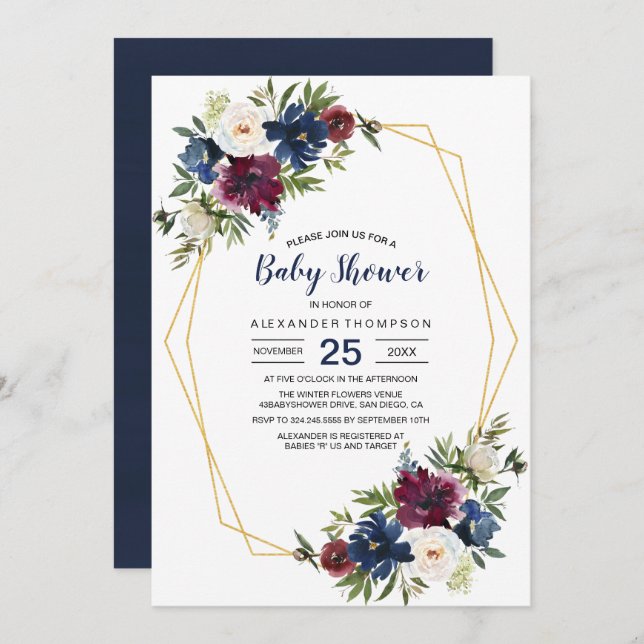 Convite Chá de fraldas de Flores de Marinho da Borgonha Ge (Frente/Verso)