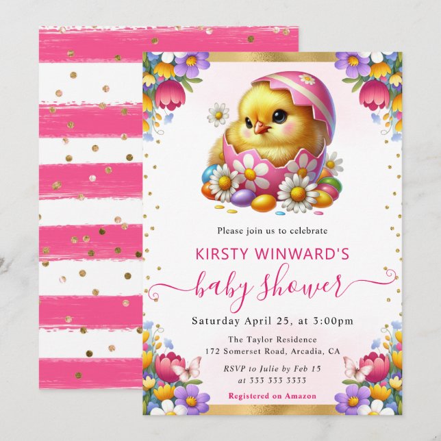 Convite Chá de fraldas de Flores de Mola de Pintinho de Aq (Frente/Verso)