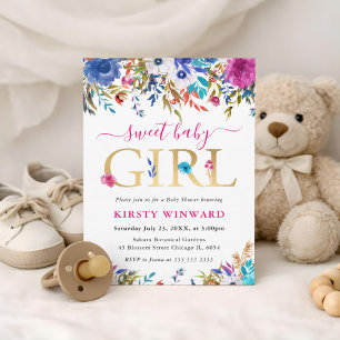 Convite Chá de fraldas de Flores de Verão Azul, Rosa e Bra