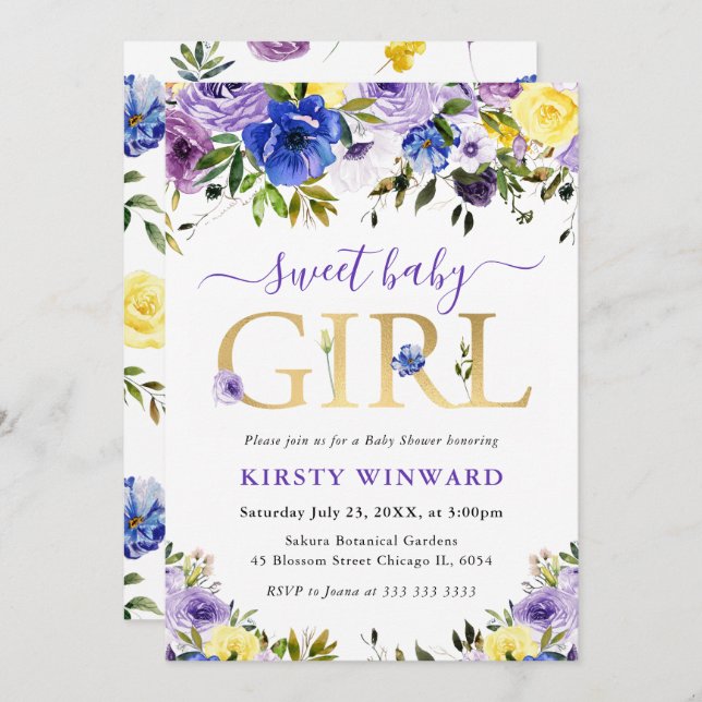 Convite Chá de fraldas de Flores de Verão de Roxo e Creme (Frente/Verso)