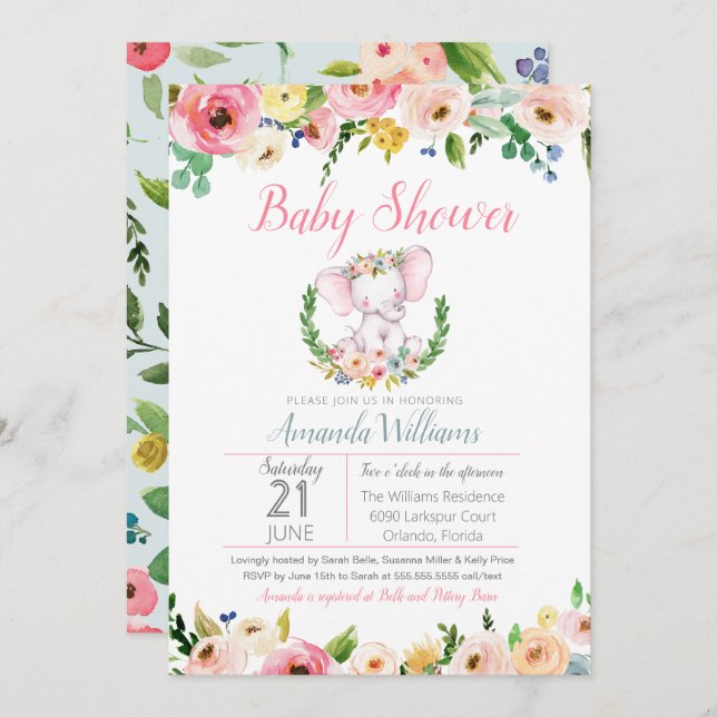 Convite Chá de fraldas de Flores de Verão Primavera de Peq (Frente/Verso)