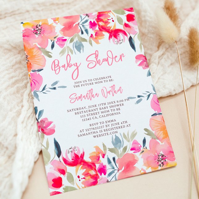 Convite Chá de fraldas de flores rosa-d'água boêmicas (Bohemian pink watercolor flowers baby shower invitation)