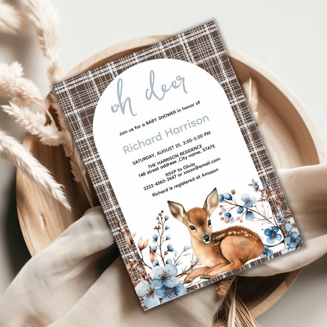 Convite Chá de fraldas de flores rústicas da floresta de v (Oh deer rustic blue florals with cute forest deer baby shower invitation, gender neutral, woodland )